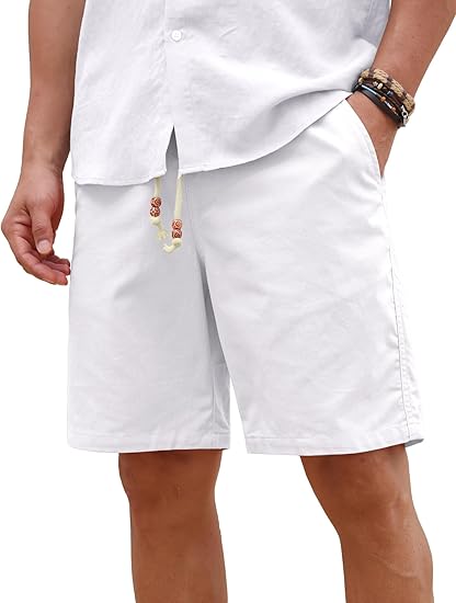 Men’s Cotton Linen Shorts Casual Elastic Waist Drawstring Summer Beach Vacation Shorts with Pockets